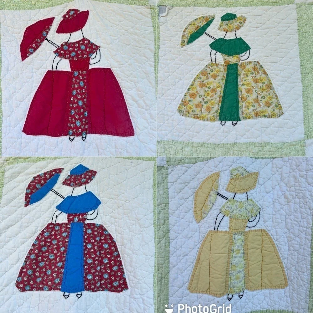 VTG Sunbonnet Sue Southern Belle Hand Sewn Quilt Gauzy Calico 58x76 Cutter